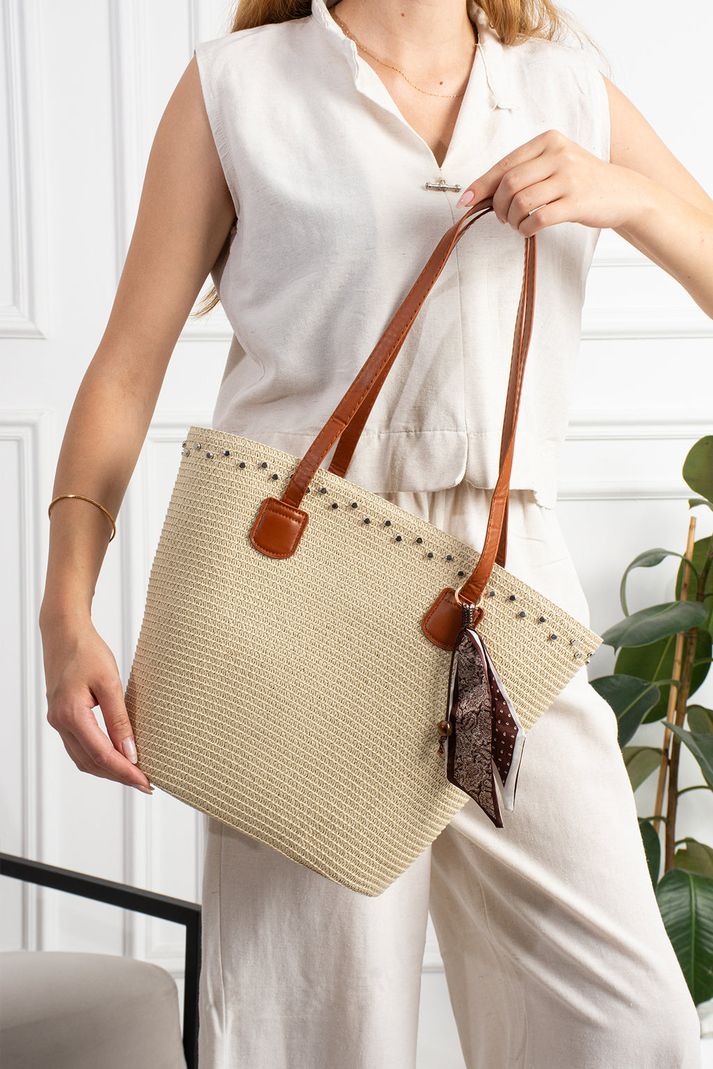 Kadın Krem Hasır Shopper Omuz Çantası - Éloise