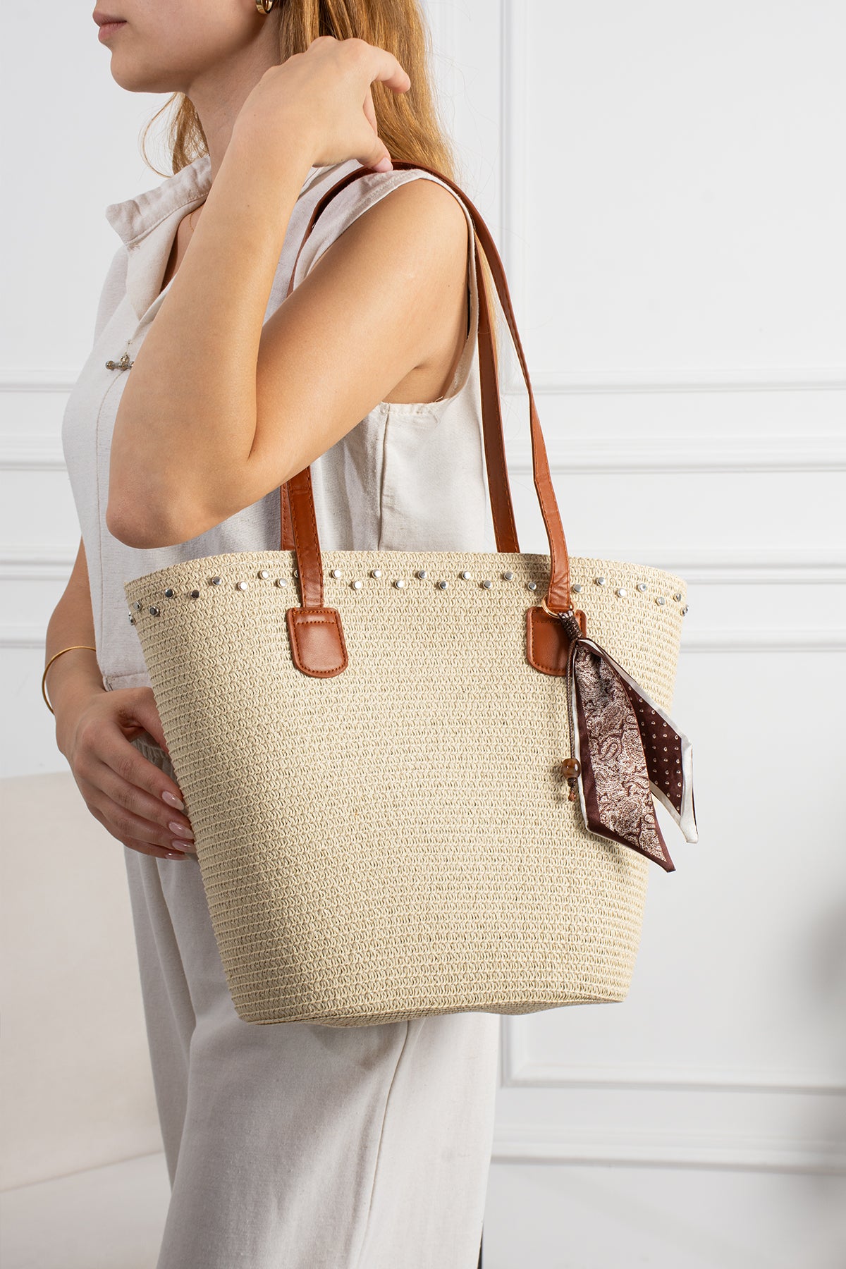 Kadın Krem Hasır Shopper Omuz Çantası - Éloise