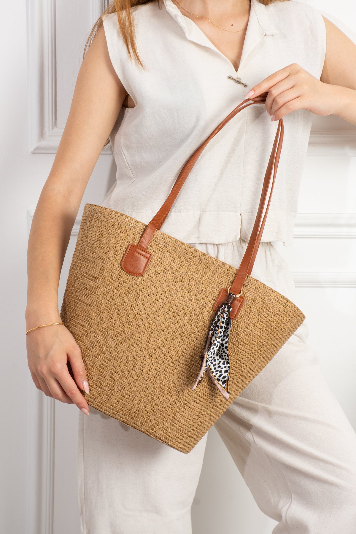 Kadın Bej Hasır Shopper Omuz Çantası - Capucine