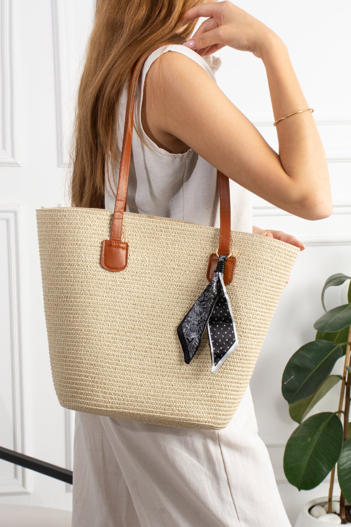 Kadın Krem Hasır Shopper Omuz Çantası - Aurélie