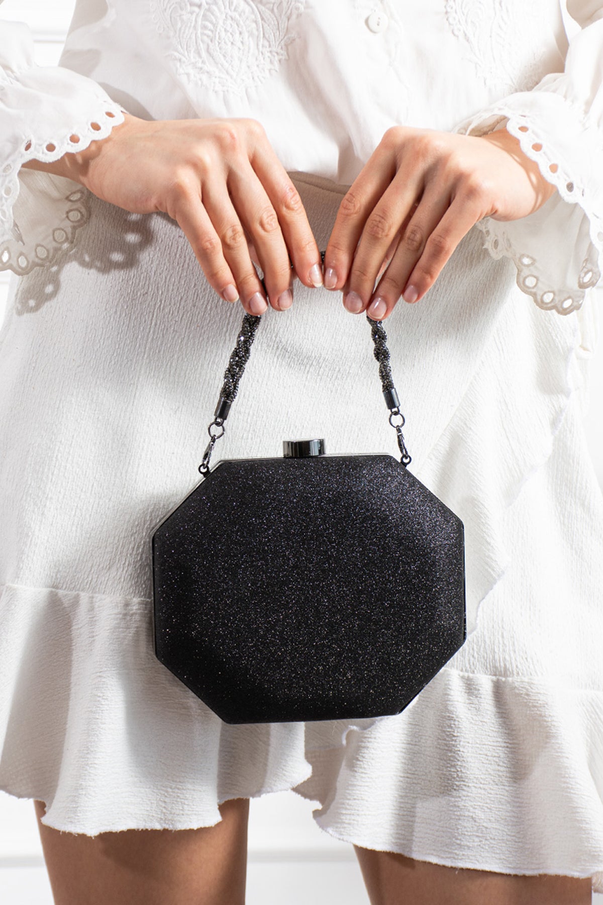 Kadın Siyah Simli Abiye Clutch Çanta - Lunaire Noir