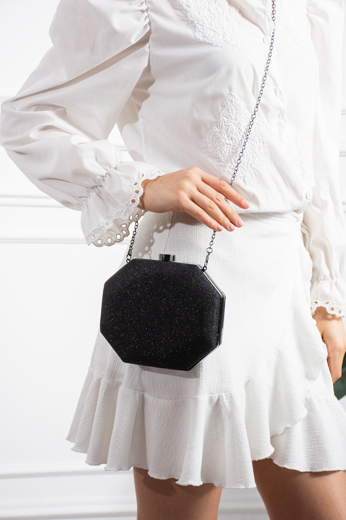 Kadın Siyah Simli Abiye Clutch Çanta - Lunaire Noir