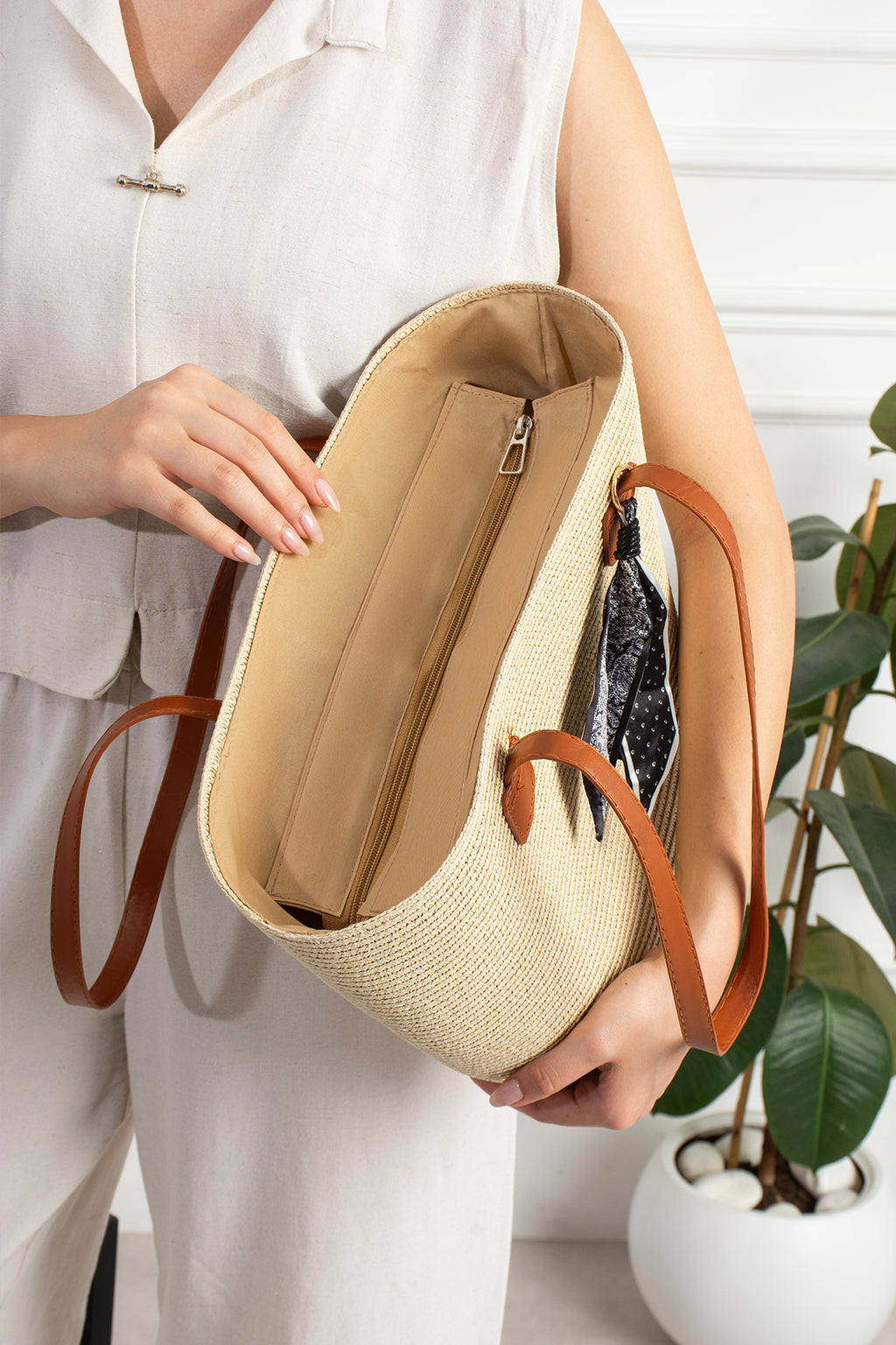 Kadın Krem Hasır Shopper Omuz Çantası - Aurélie