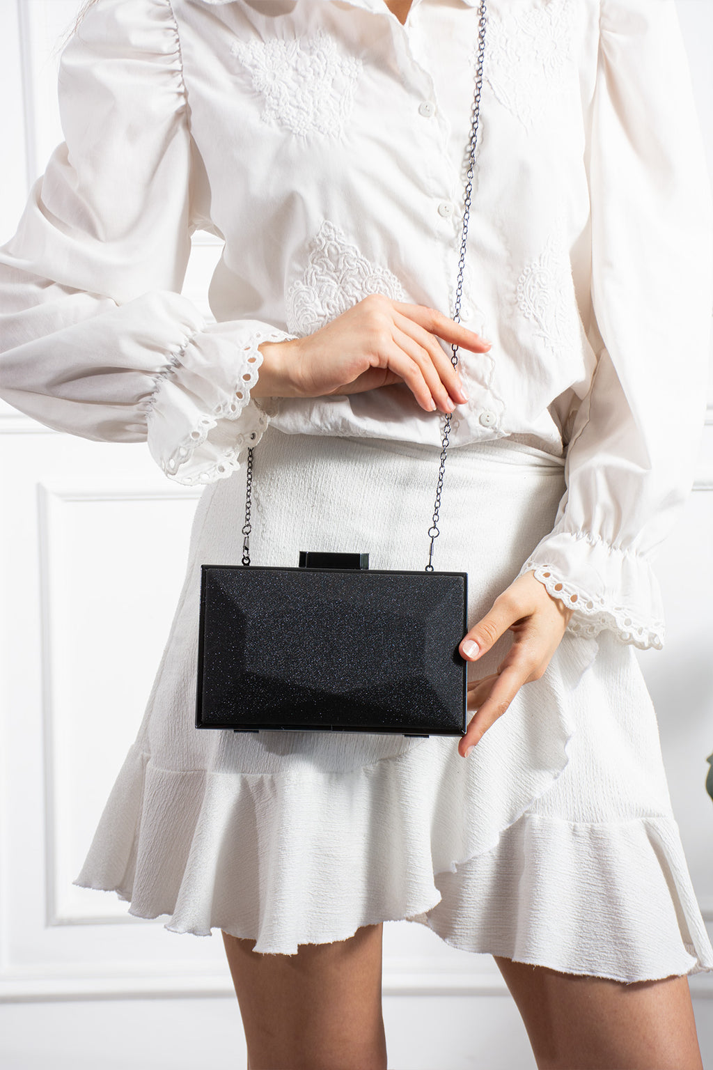 Kadın Siyah Simli Abiye Clutch Çanta - Lunaire Étoile