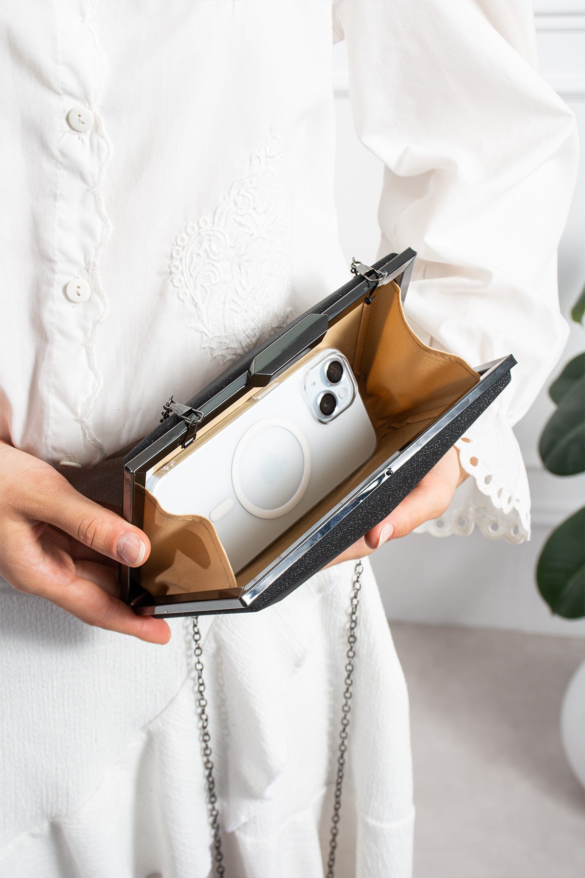 Kadın Siyah Simli Abiye Clutch Çanta - Lunaire Étoile