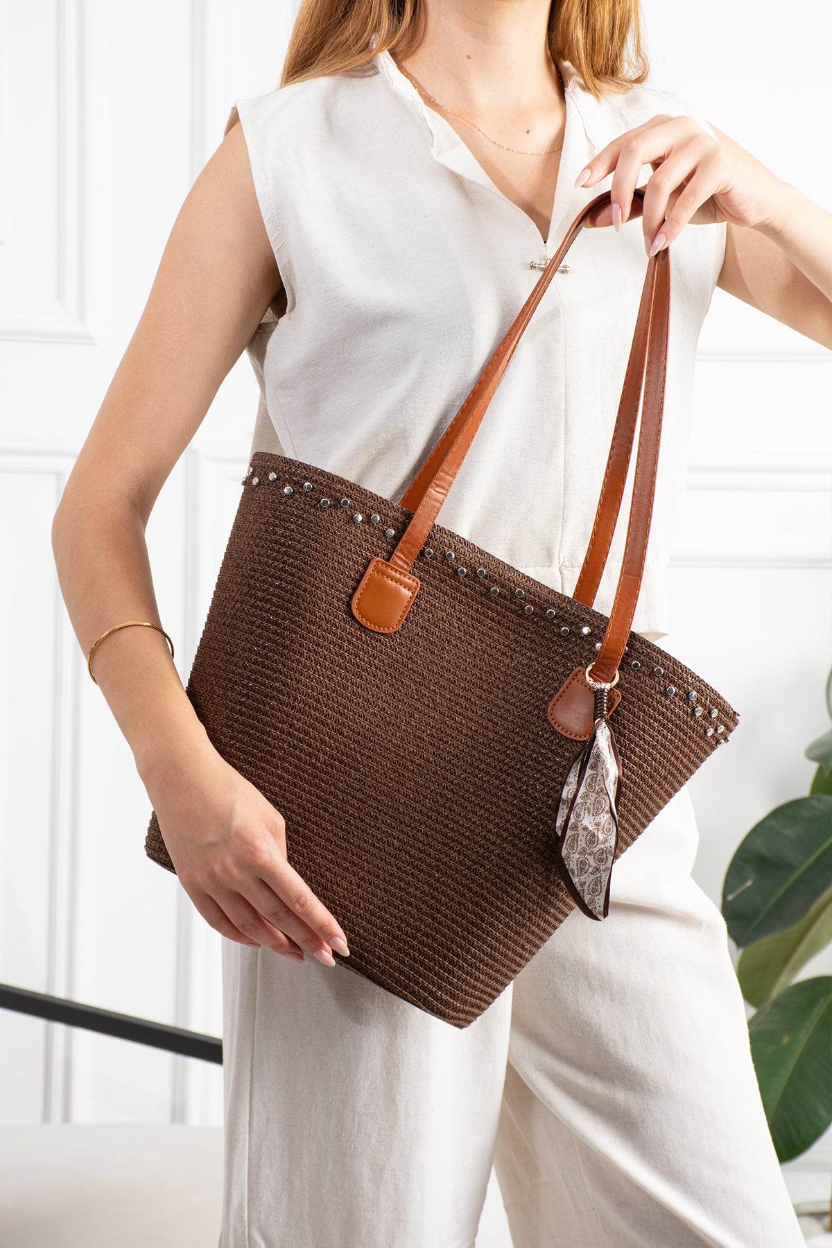Kadın Kahverengi Hasır Shopper Omuz Çantası - Toscane