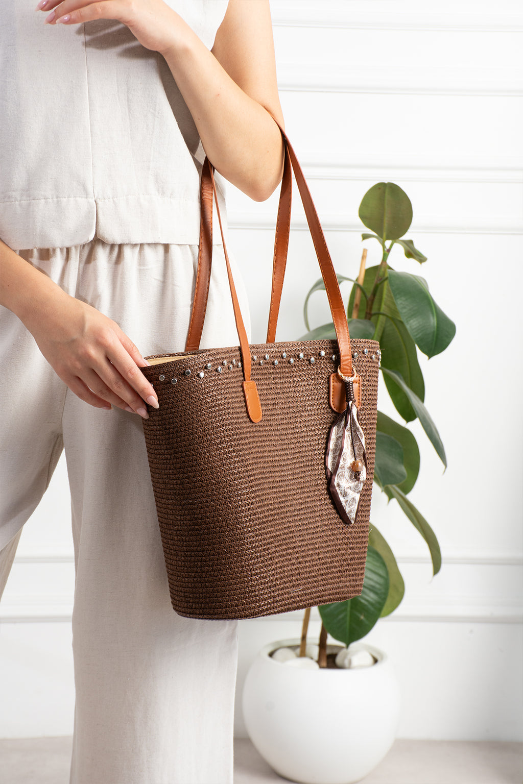 Kadın Kahverengi Hasır Shopper Omuz Çantası - Toscane
