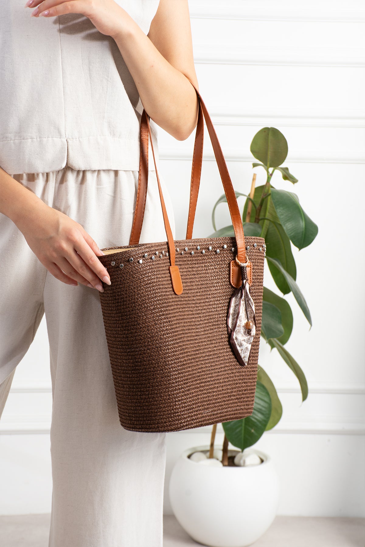 Kadın Kahverengi Hasır Shopper Omuz Çantası - Toscane