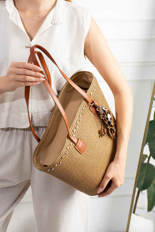 Kadın Bej Hasır Shopper Omuz Çantası - Sienna